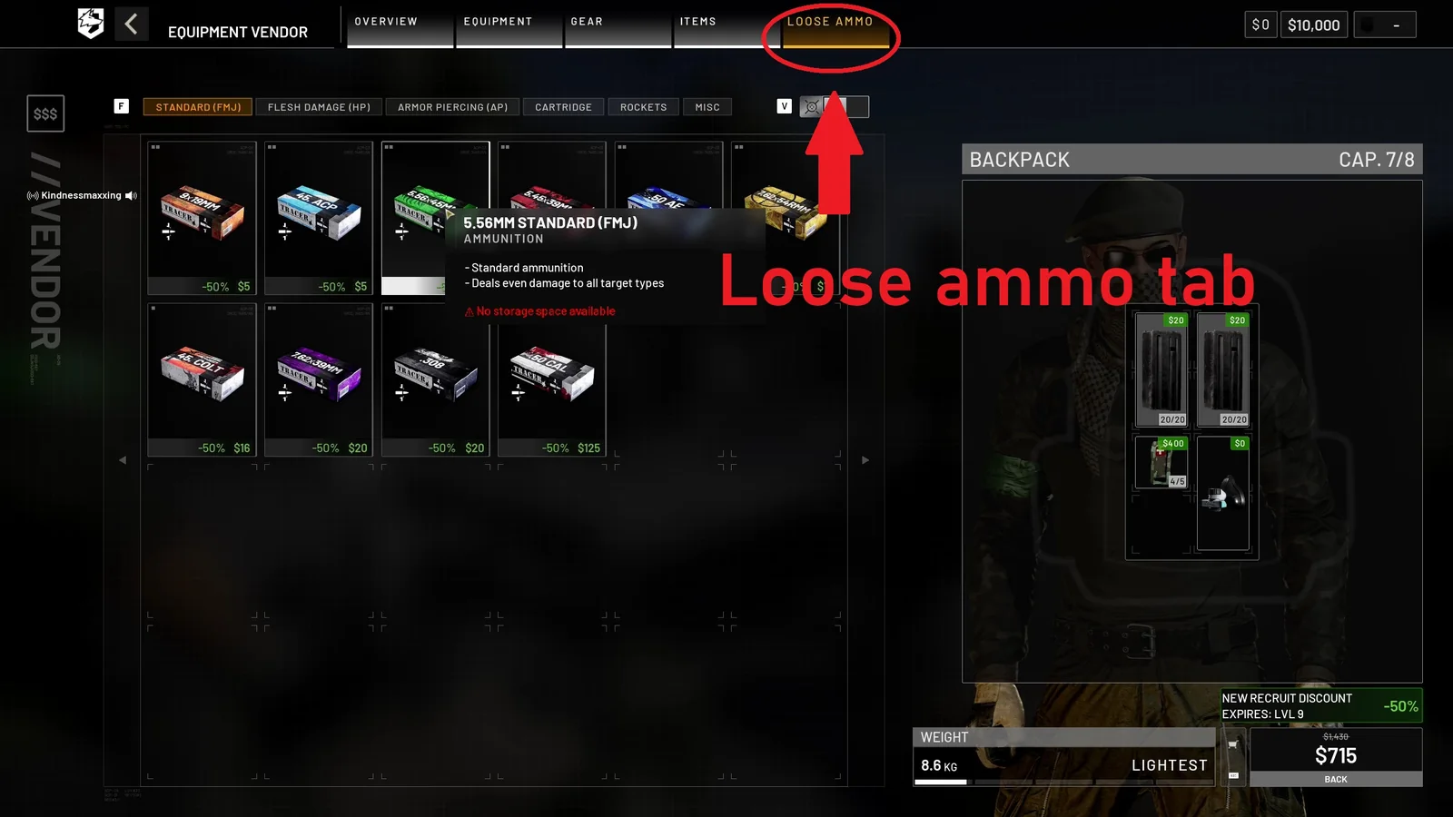 WARDOGS Equipment Vendor loose ammunition tab with matching ammunition and backpack inventory
