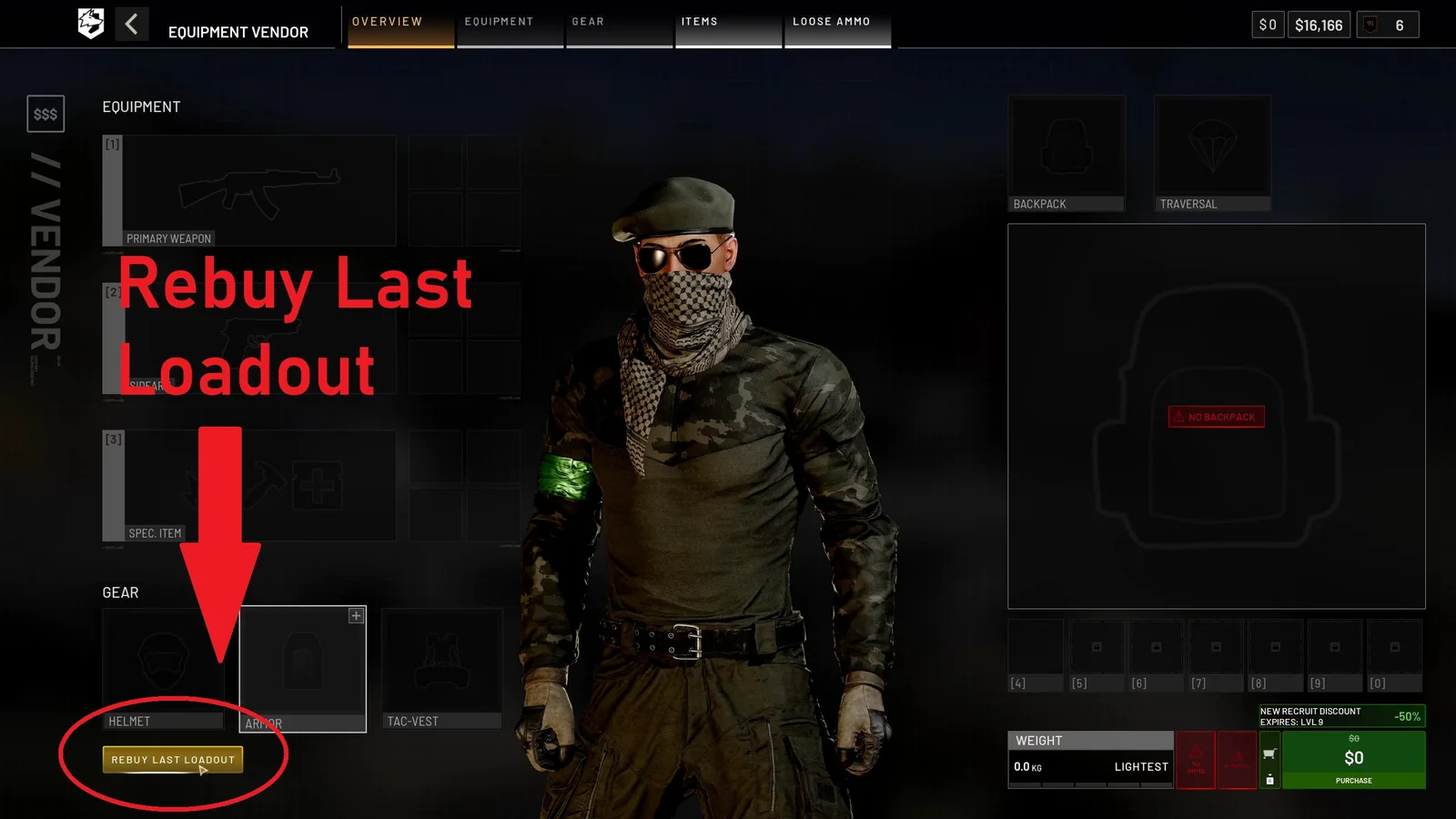 WARDOGS Equipment Vendor overview with Rebuy Last Loadout highlighted