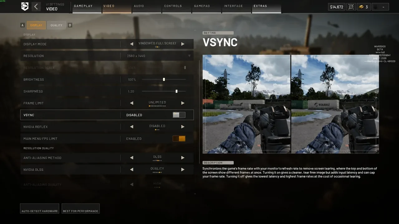 WARDOGS Video settings screen with VSync selected