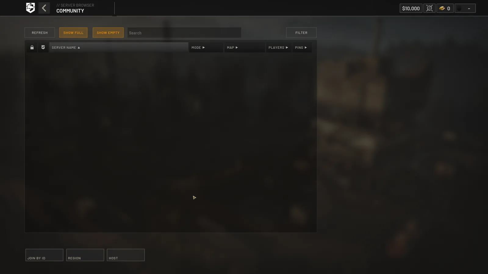 WARDOGS Community server browser with Search, Filter, Show Full, Show Empty and Join by ID controls