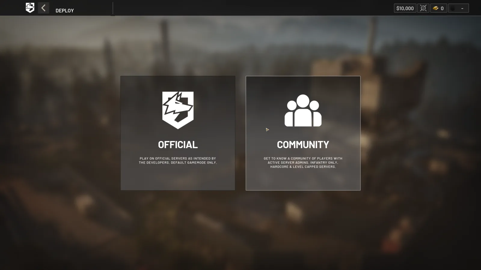 WARDOGS Deploy screen offering Official and Community server browser choices
